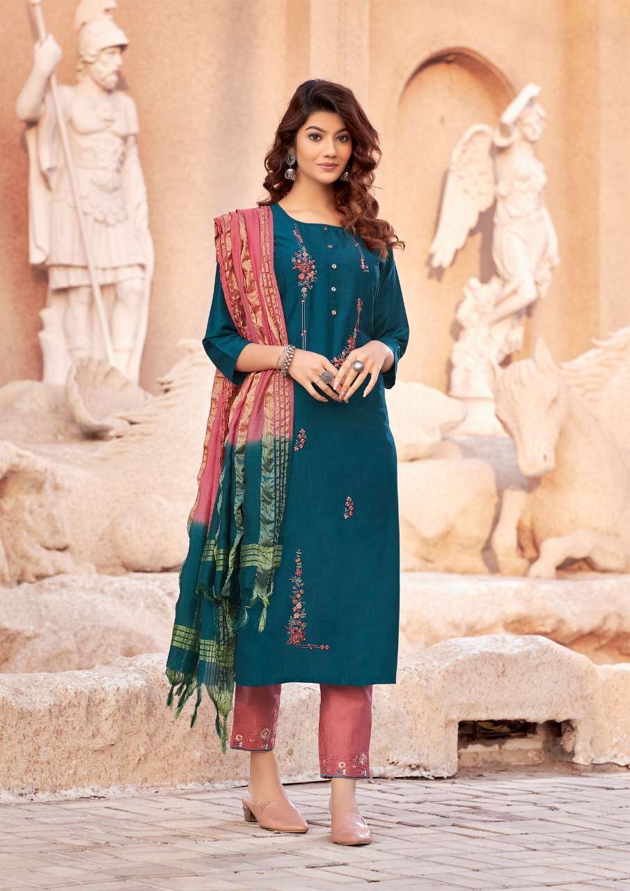 Parra Studio-Apsara Vol 1- Chinon Silk-With-Embroidery-Handwork-Kurti-with-Khatli-Work-Embroidery-Work-Pant-and -Fancy-Dupatta -1002